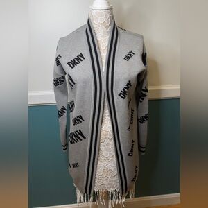 DKNY Logo Open-Front Gray and Black Cardigan - Size Extra Small